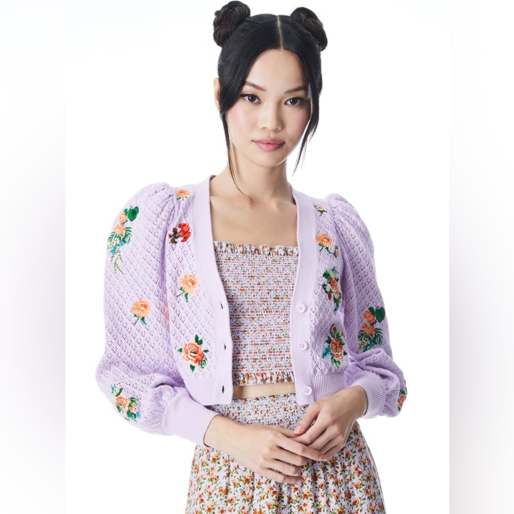 Alice + Olivia Morita Floral Puff Sleeve Cardigan in Lavender Multi